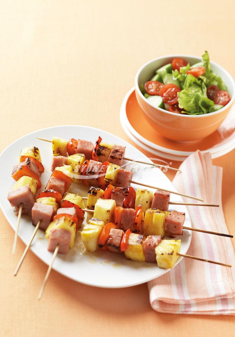 BBQ pineapple, capsicum & ham skewers