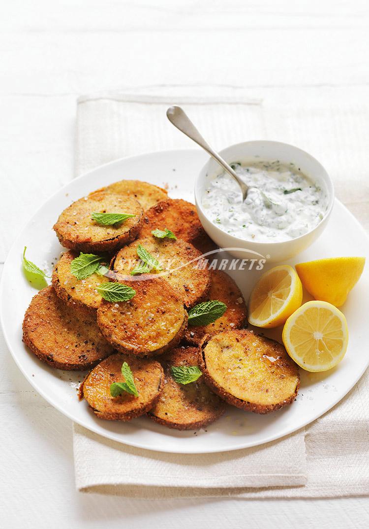 Crumbed eggplant with easy minted tzatziki