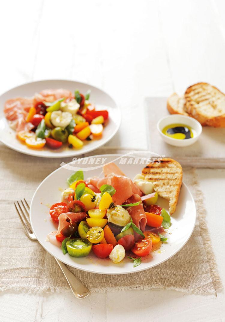 Tomato medley, prosciutto & bocconcini salad